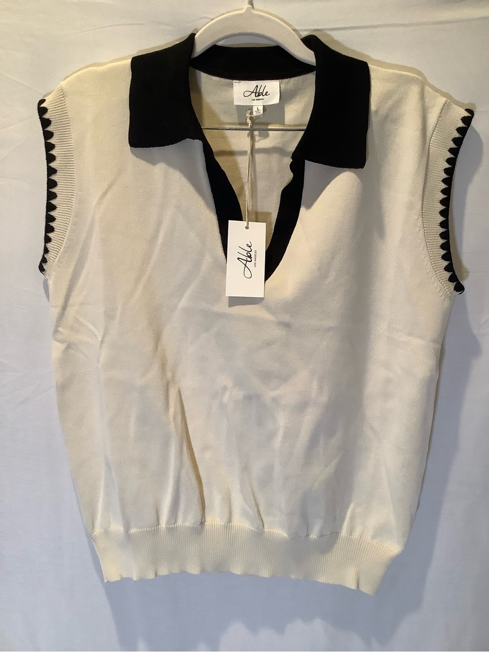 Able Sleeveless Polo Tank in Cream with Black Trim